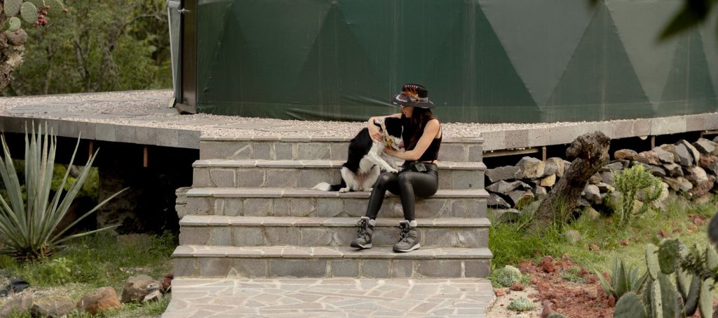 Viajera supervisando con atención a su perro en un espacio abierto
